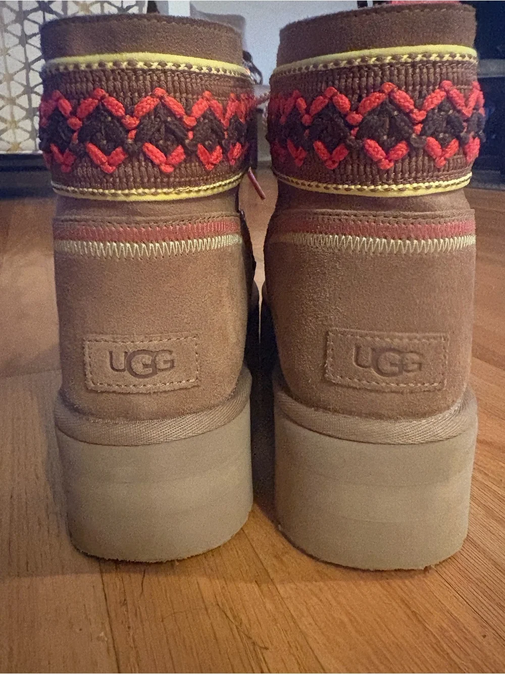 UGG Tan Suede Platform Ankle Boots with Red and Yellow Embroidered Trim